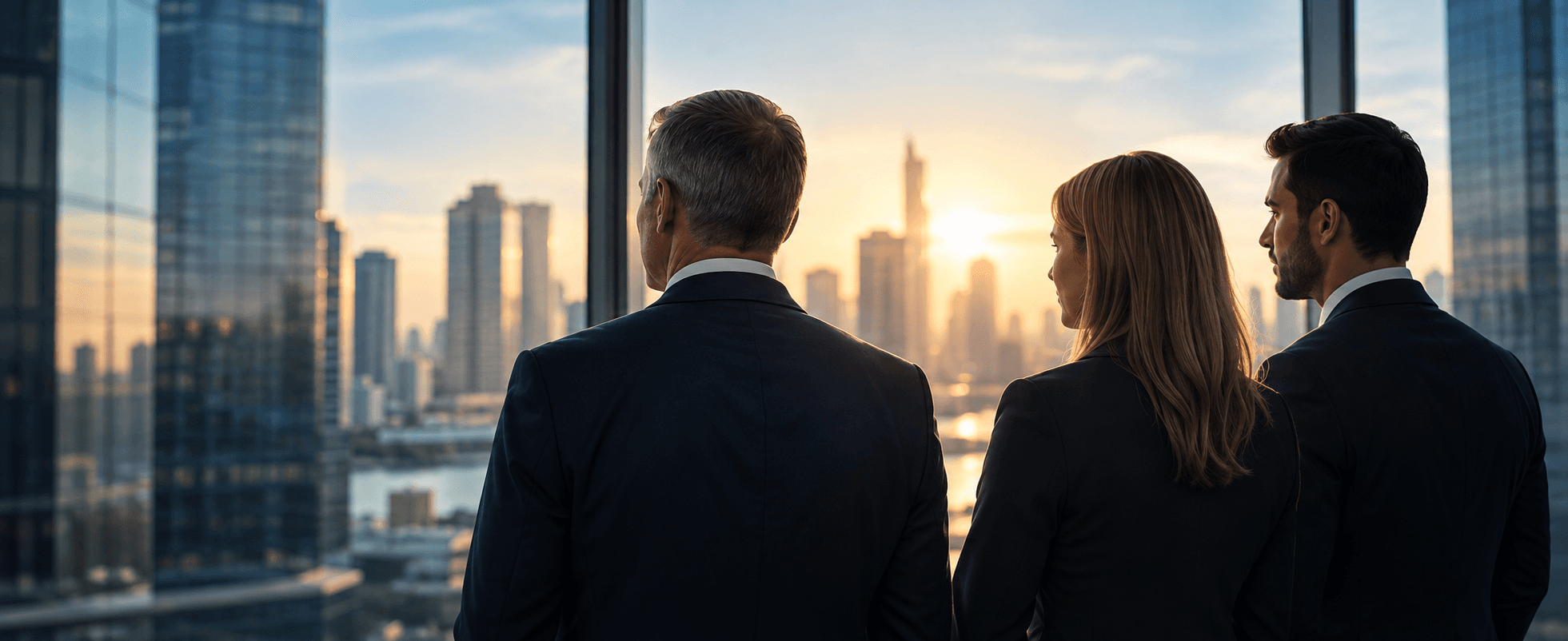 Senior business leaders reviewing strategy at a city skyline